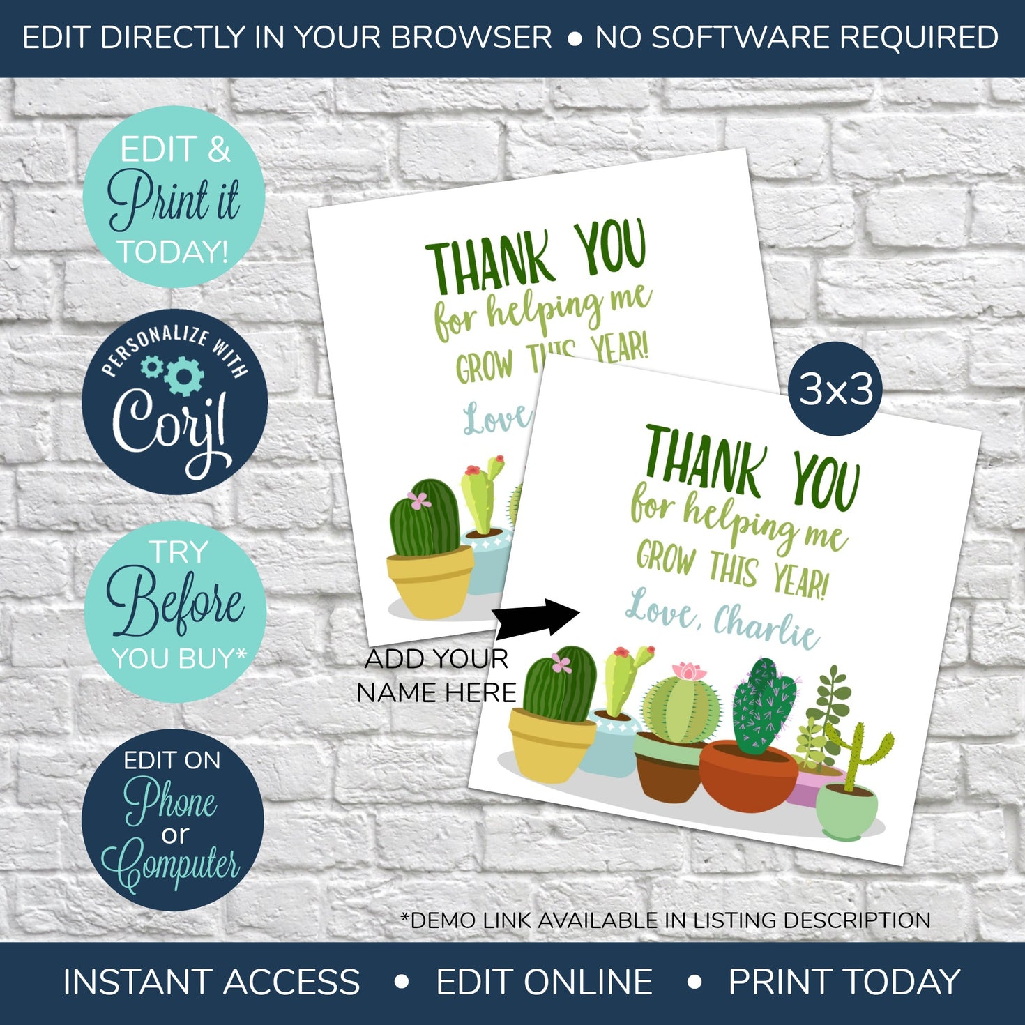 EDITABLE Thank You for Helping Me Grow Teacher Gift Tag - Cactus Squar ...